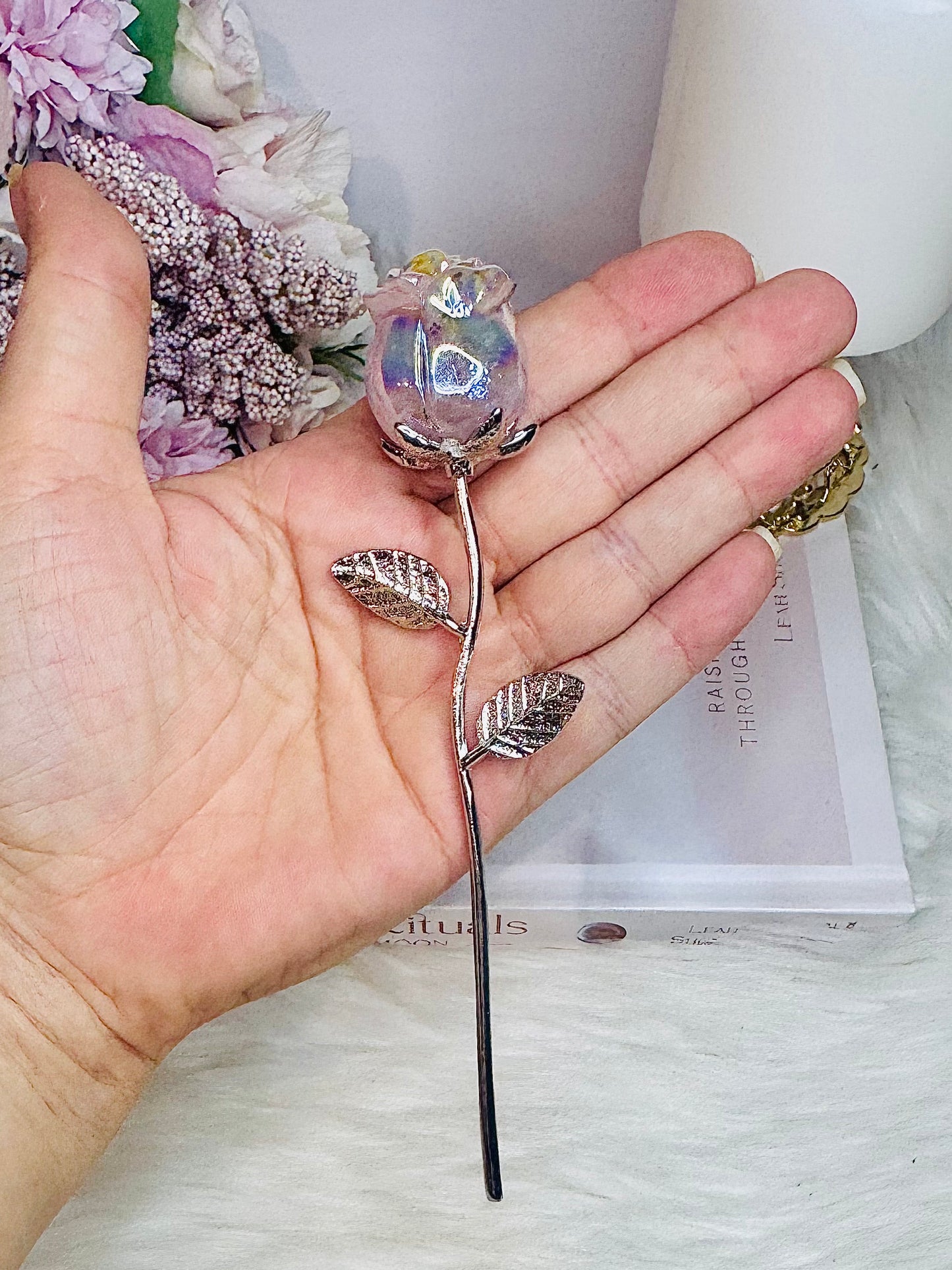 ⚜️ SALE ⚜️ Aura Rose Quartz Carved Forever Rose 15cm with Silver Stem $15 each