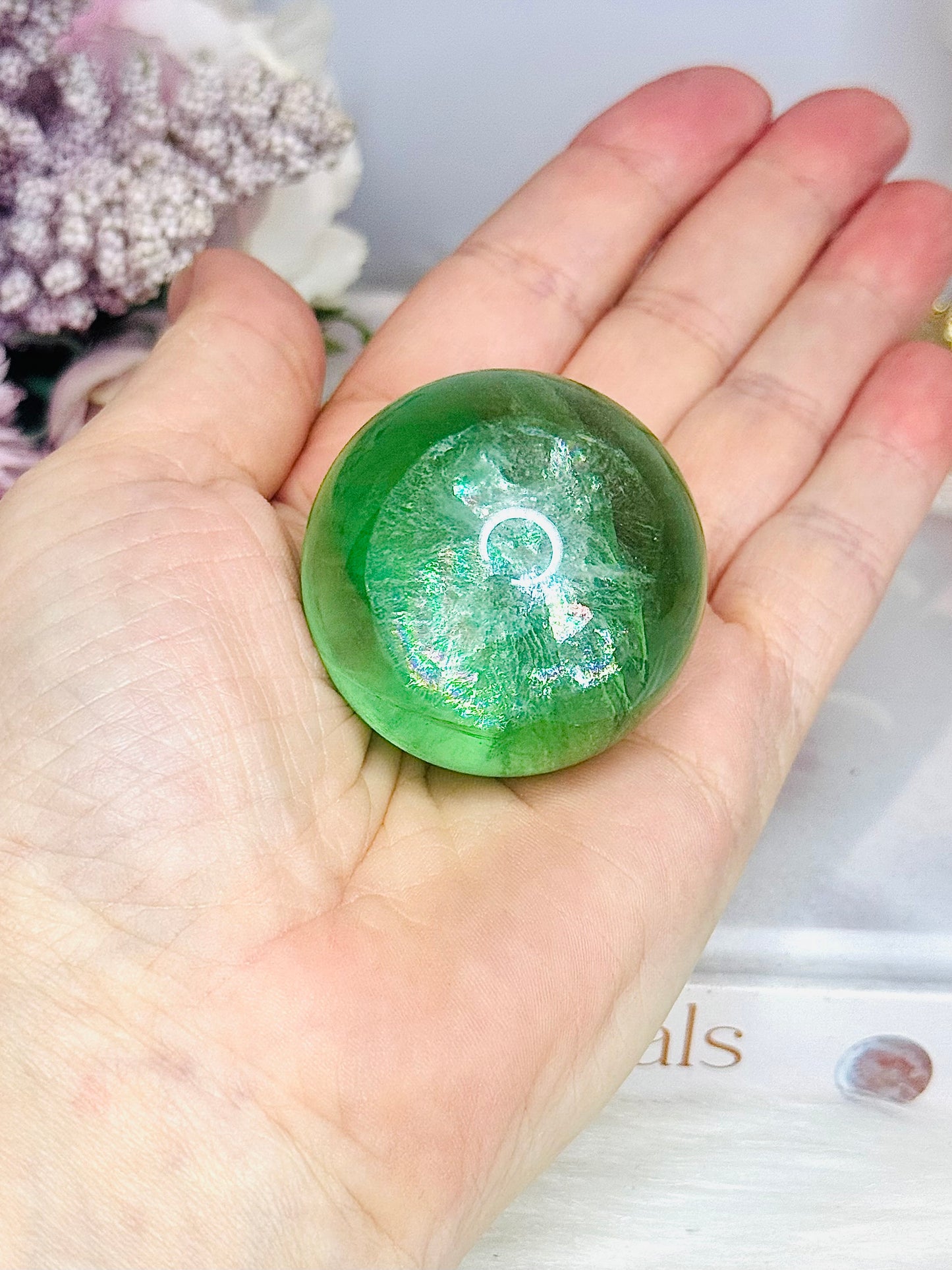 High Grade Green Fluorite Sphere Full of Rainbows On Stand 5cm