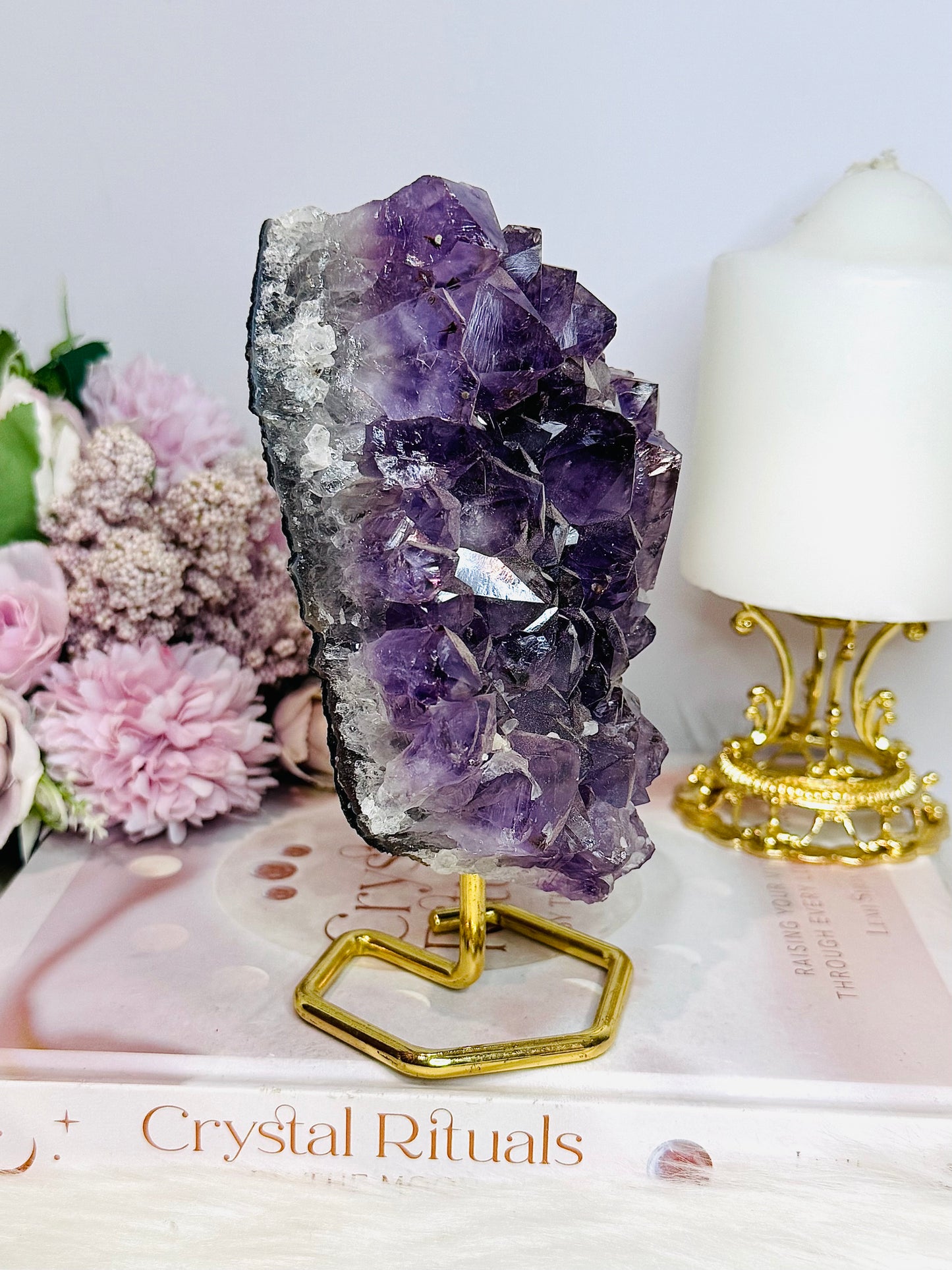 Large Natural Amethyst Cluster On Gold Stand 16cm 625g