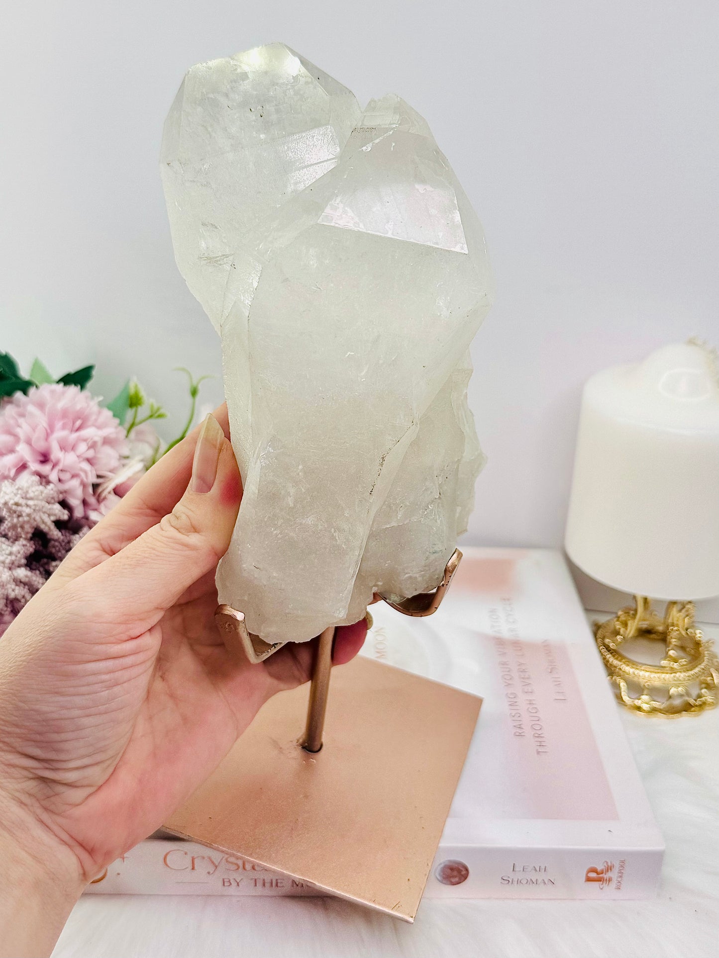 Incredible Large 1.6KG 23cm Natural Clear Quartz Specimen on Rose Gold Custom Stand From Brazil