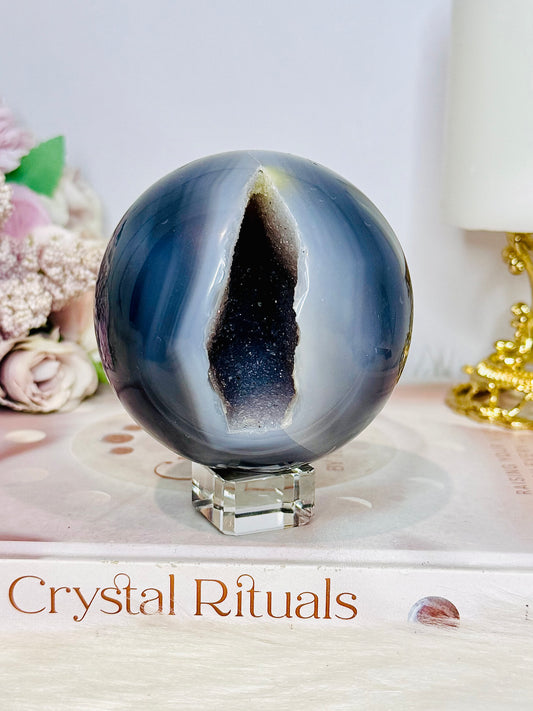 Large 536gram Blue Druzy Agate Sphere on Stand From Brazil