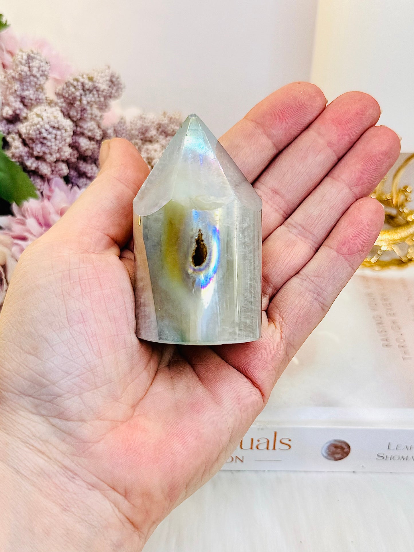 Beautiful 7cm Angel Aura Druzy Agate Tower | Cylinder (Reduced as tip is chipped)