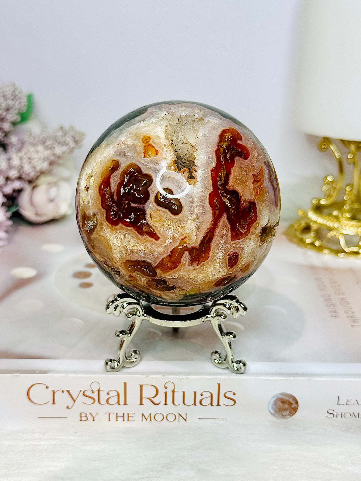 Large Druzy Red Moss Agate Sphere on Stand 510g