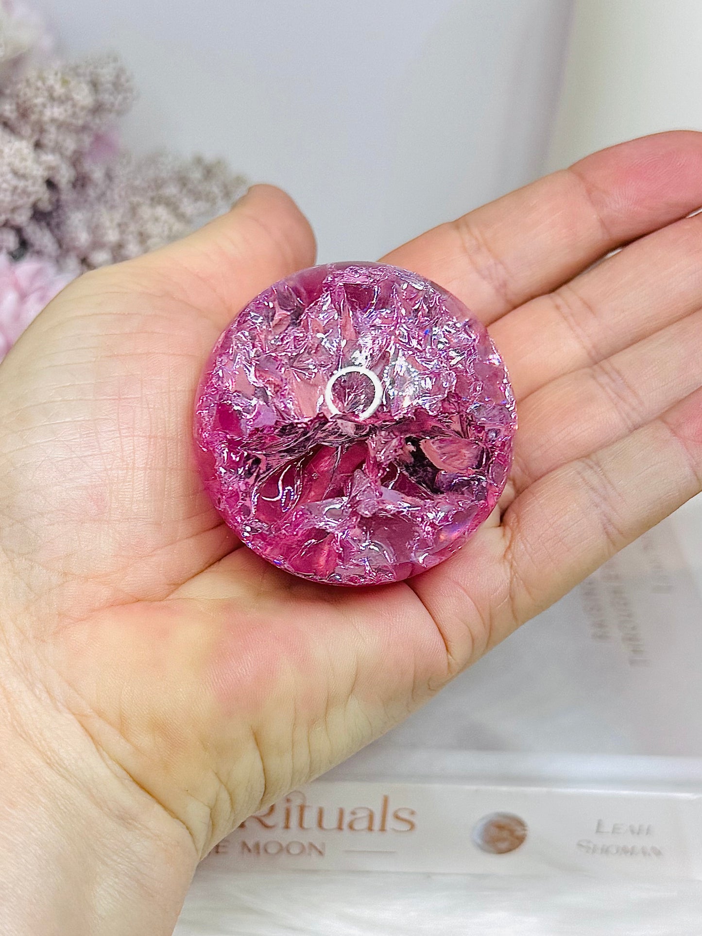 Pink Fire & Ice Crackle Quartz Sphere (dyed) On Stand 157g