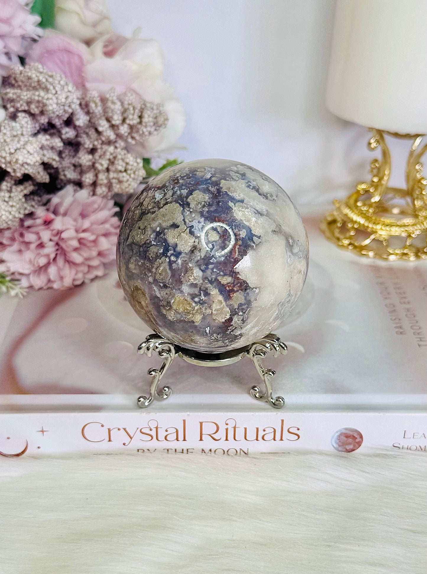 Gorgeous Natural Cherry Agate Carved Sphere On Stand 371grams