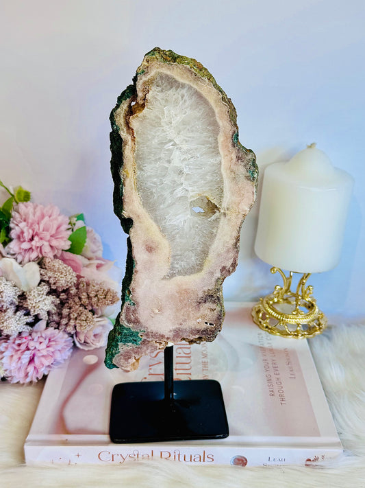 Large 26cm 908gram Pink Amethyst Druzy Slab on Stand