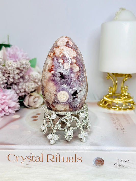 Large 332g Rare Pink Amethyst X Flower Agate Druzy Egg on Stand