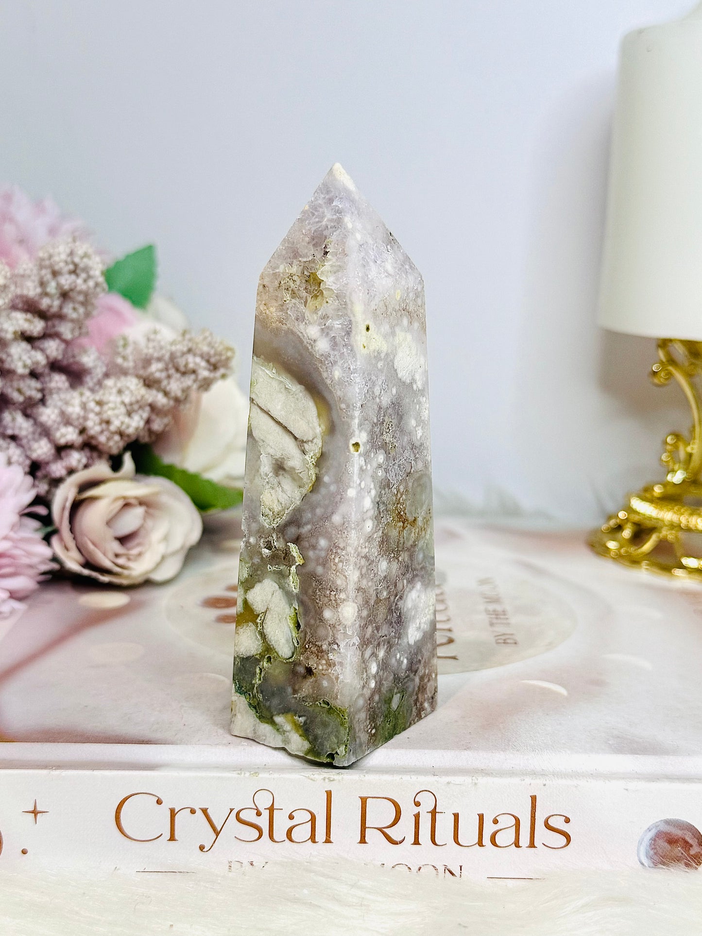 Pink Amethyst X Green Flower Agate Tower 10cm