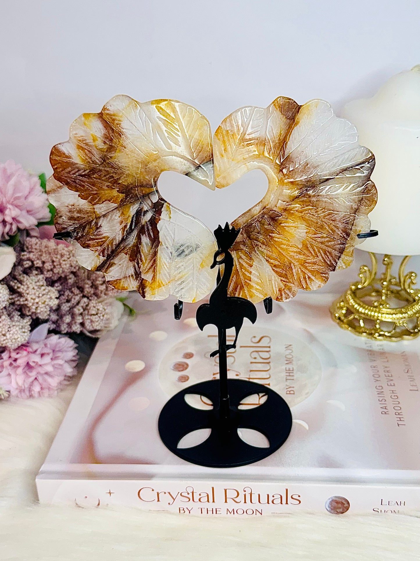 Stunning Golden Healer Carved Peacock On Stand 16.5cm Tall