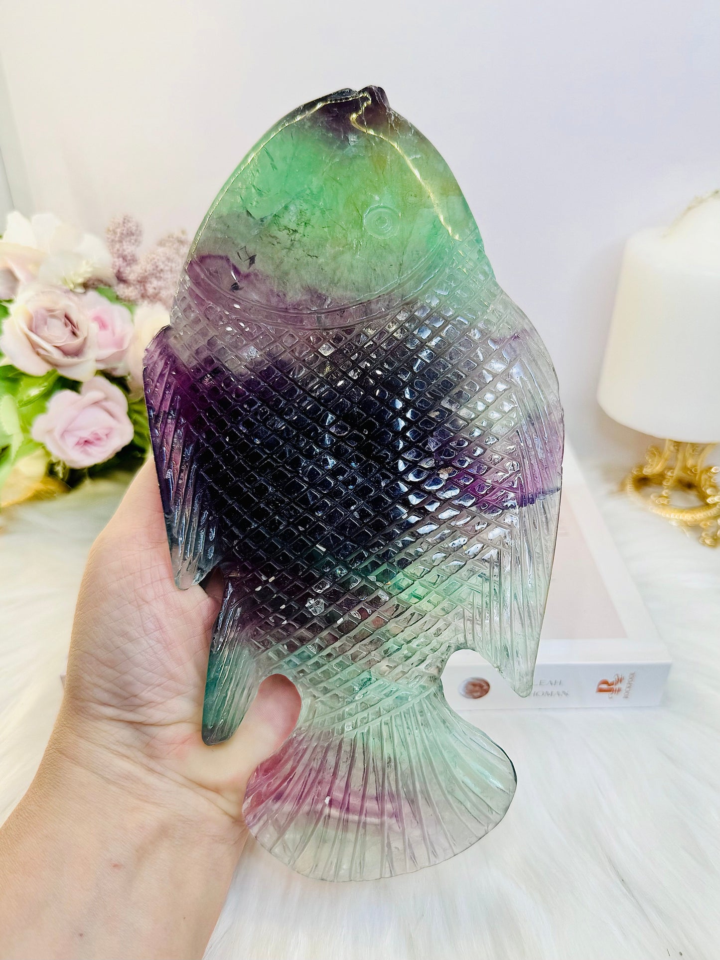 Magnificent Huge 23cm 784gram Carved Perfection Stunning Rainbow Fluorite Fish
