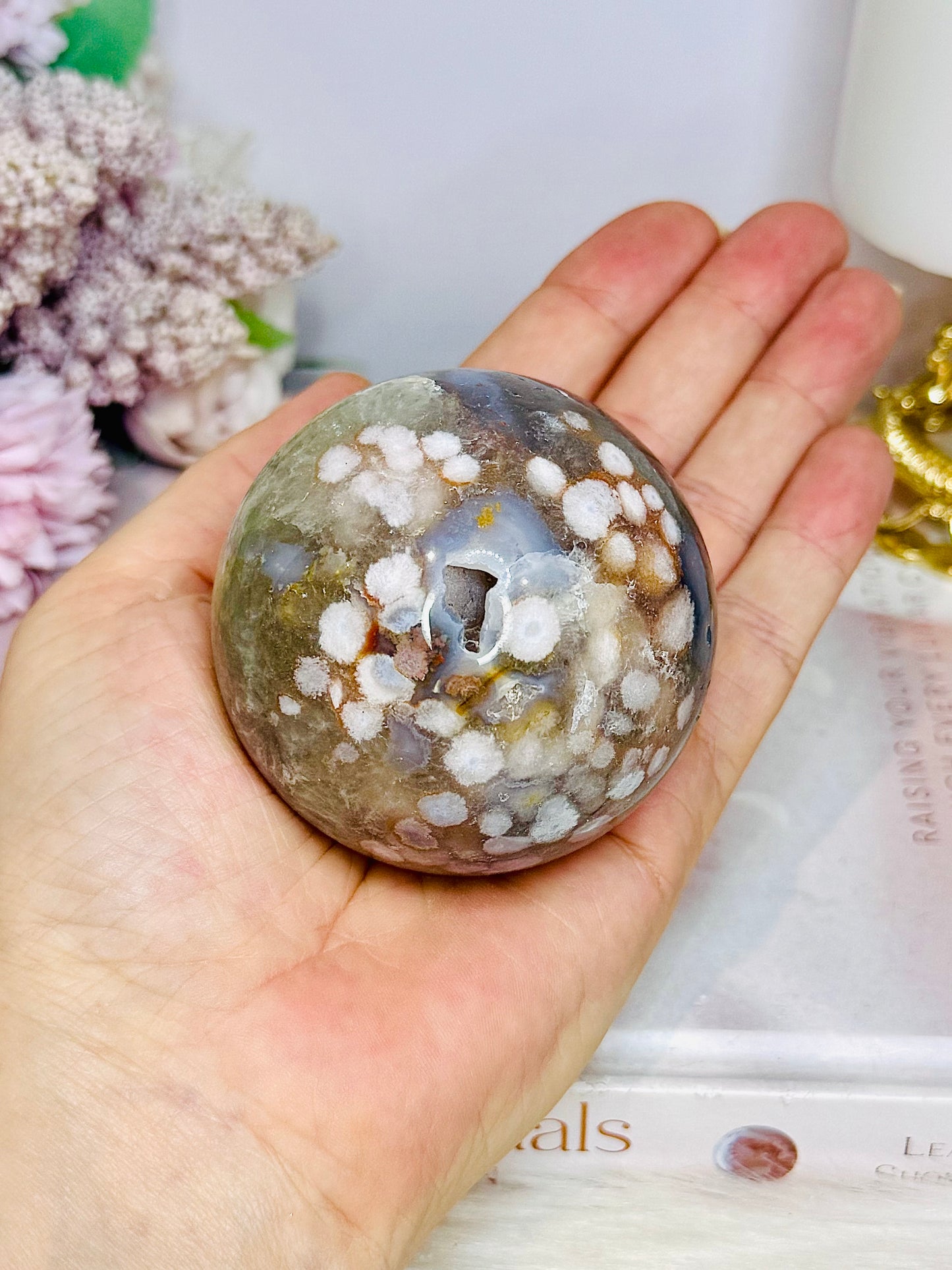 Green Druzy Cherry Blossom Agate Sphere on Stand 335grams