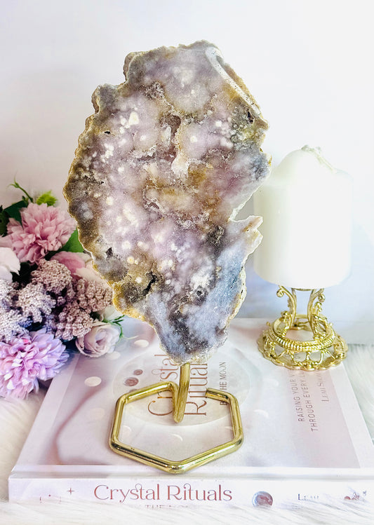 Large Pink Amethyst Natural Druzy Slab On Gold Stand 25cm