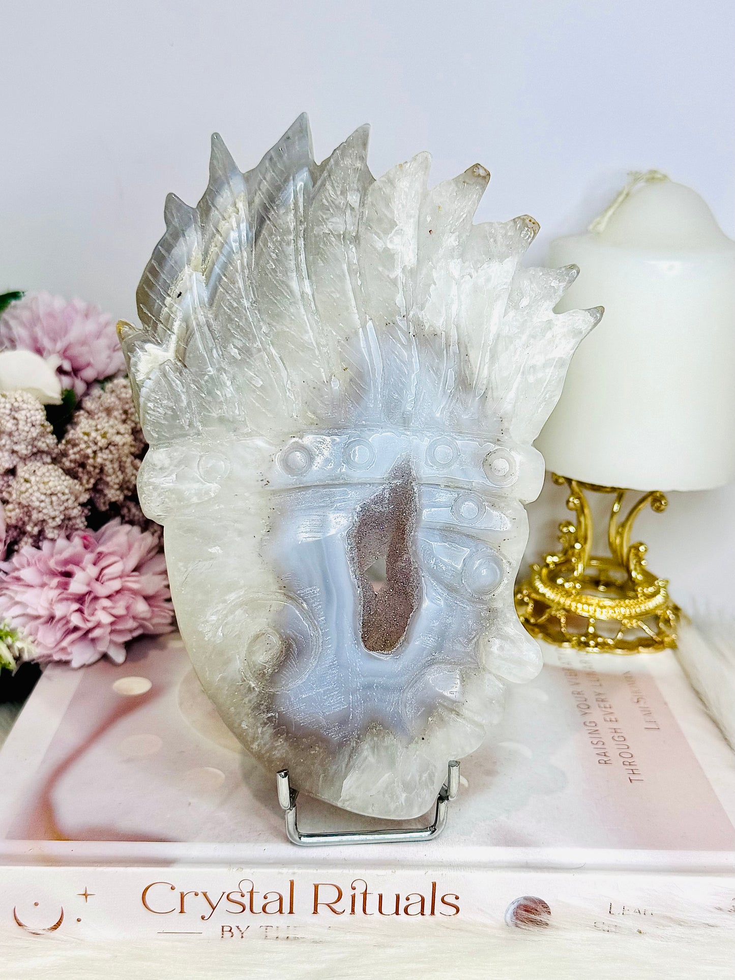 Large Druzy Agate Carved Indian Head On Stand 17cm