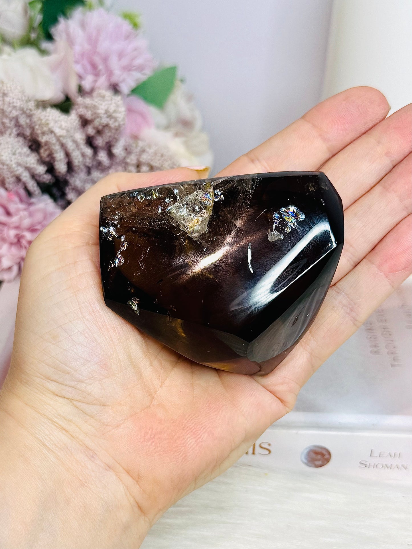 High Grade Smokey Quartz Polished Freeform With Rainbows On Stand 375g