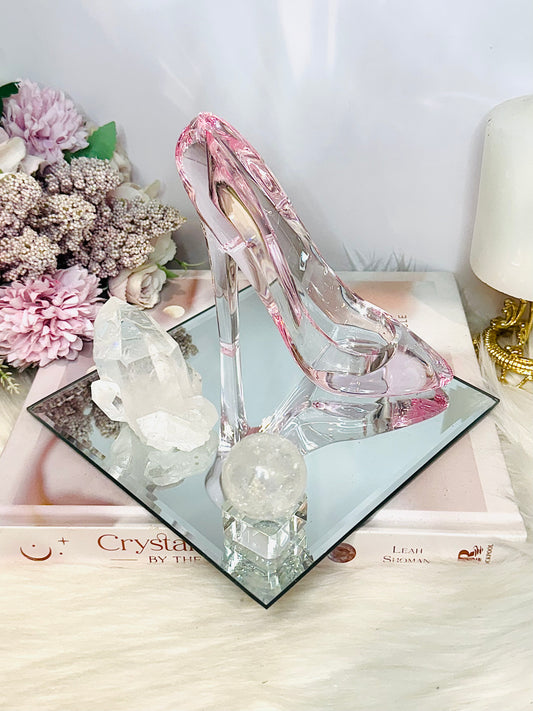 Gift Set ~ Large Mirror Tray 15cm, Large Pink Acrylic Shoe, Clear Quartz Cluster & Fire & Ice Quartz Sphere On Stand