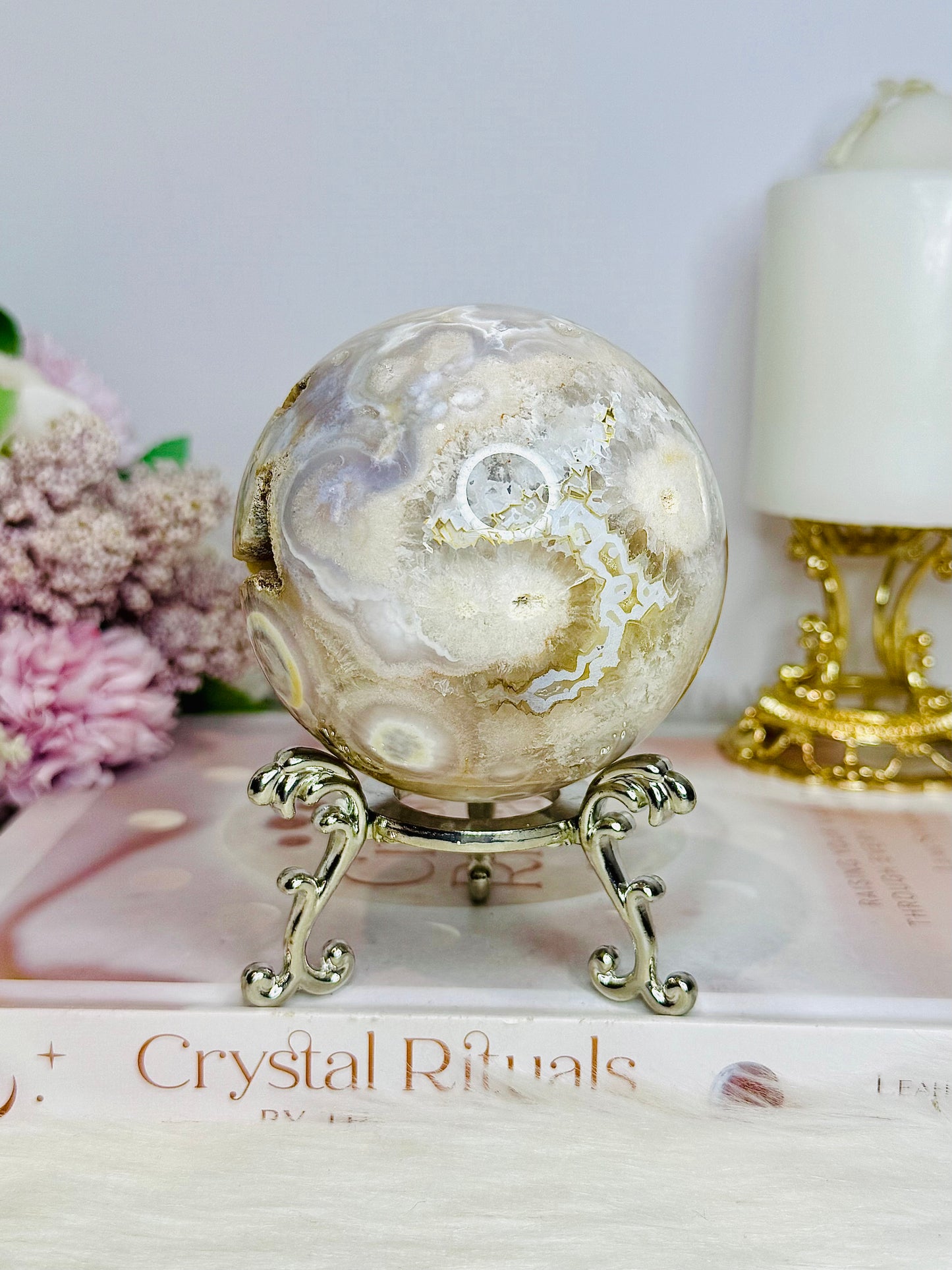 Large Flower Agate Druzy Sphere 646g On Stand