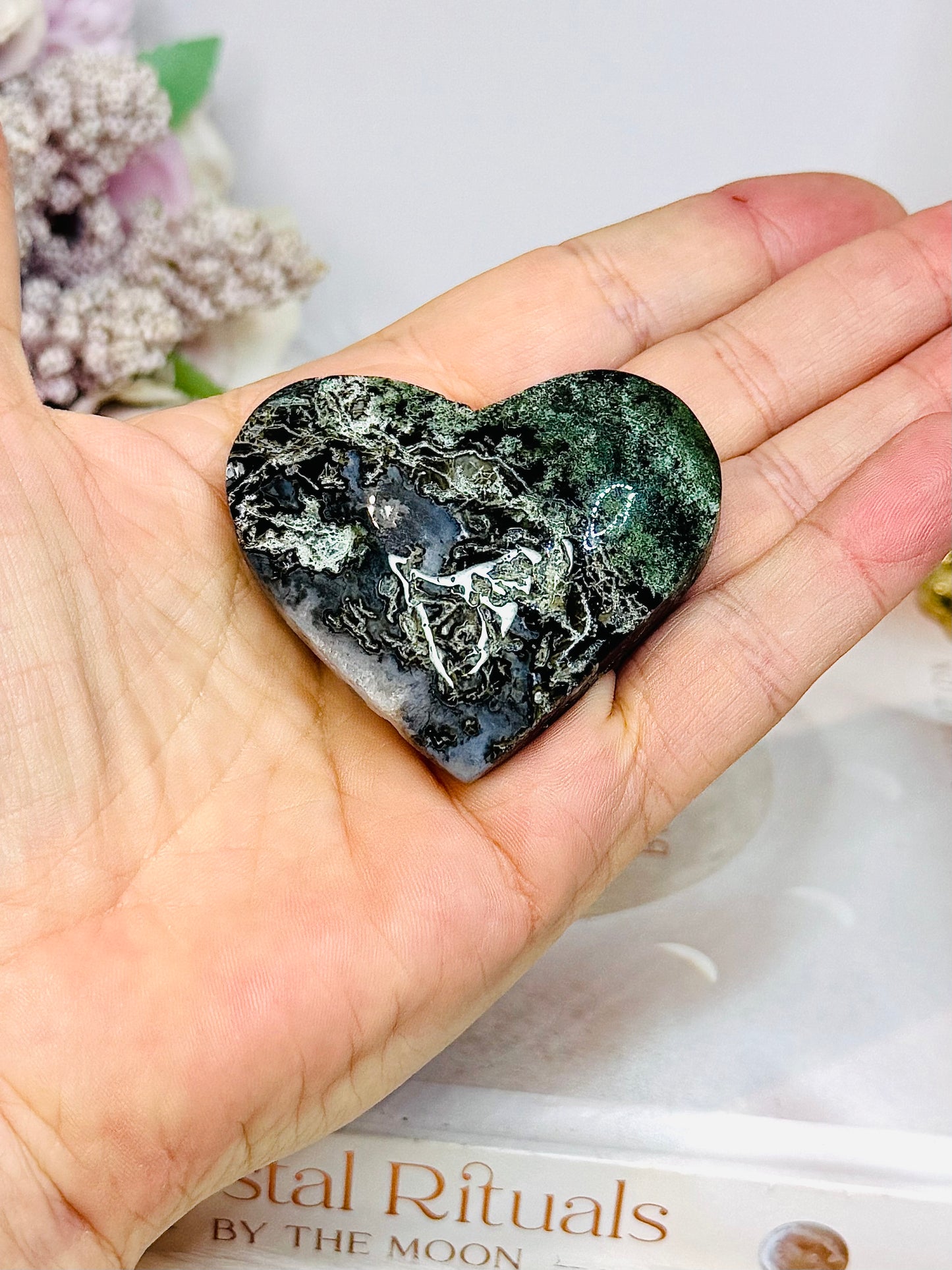 Moss Agate Carved Heart