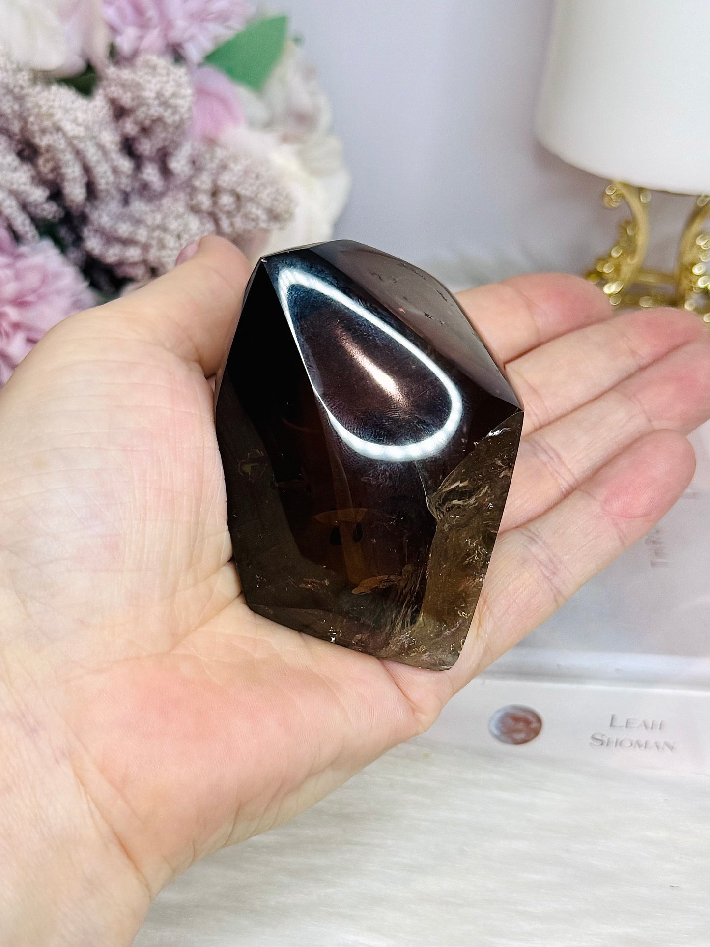 High Grade Smokey Quartz Polished Freeform With Rainbows On Stand 375g