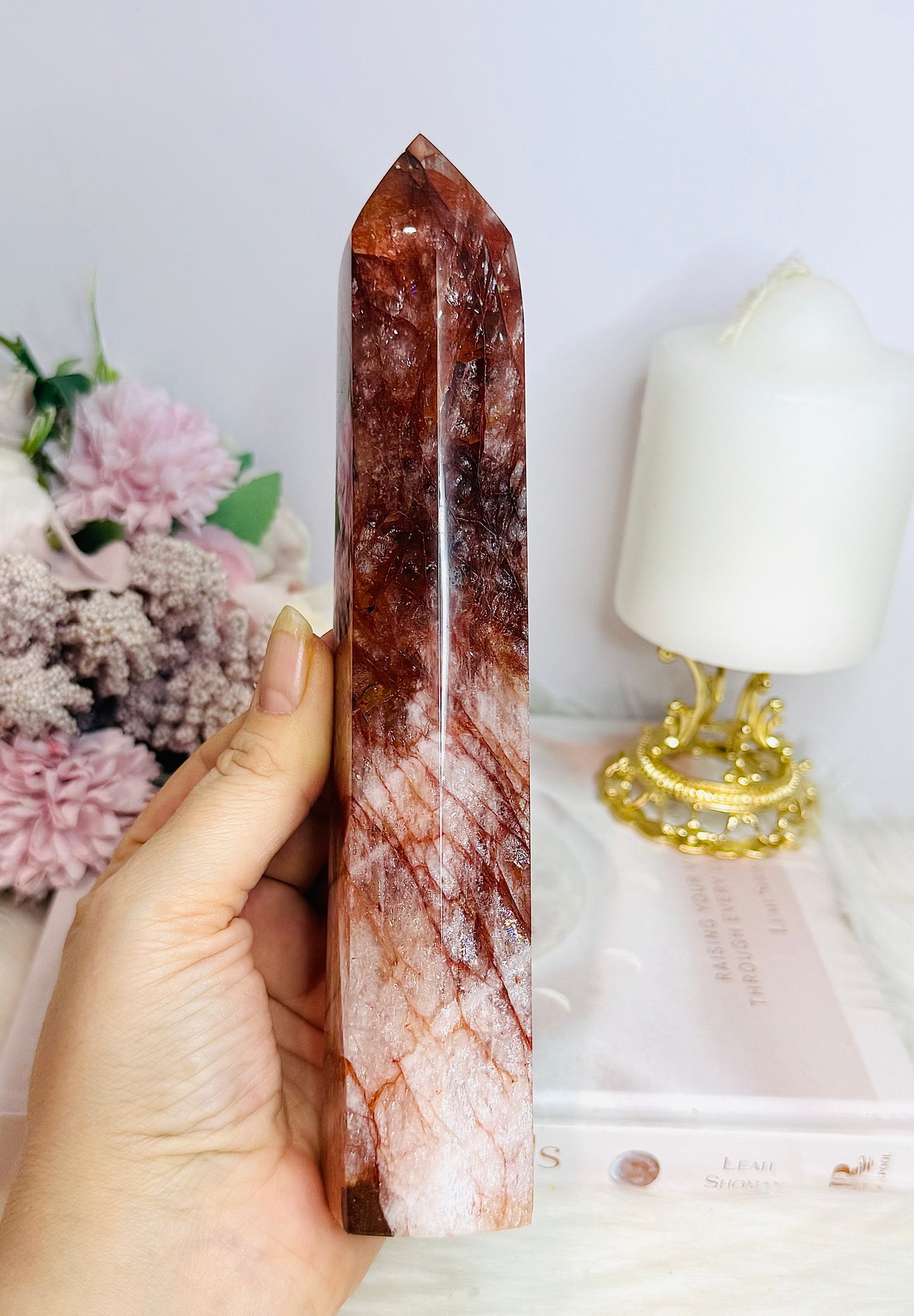Large Red Fire Quartz Tower 20.5cm with Rainbows