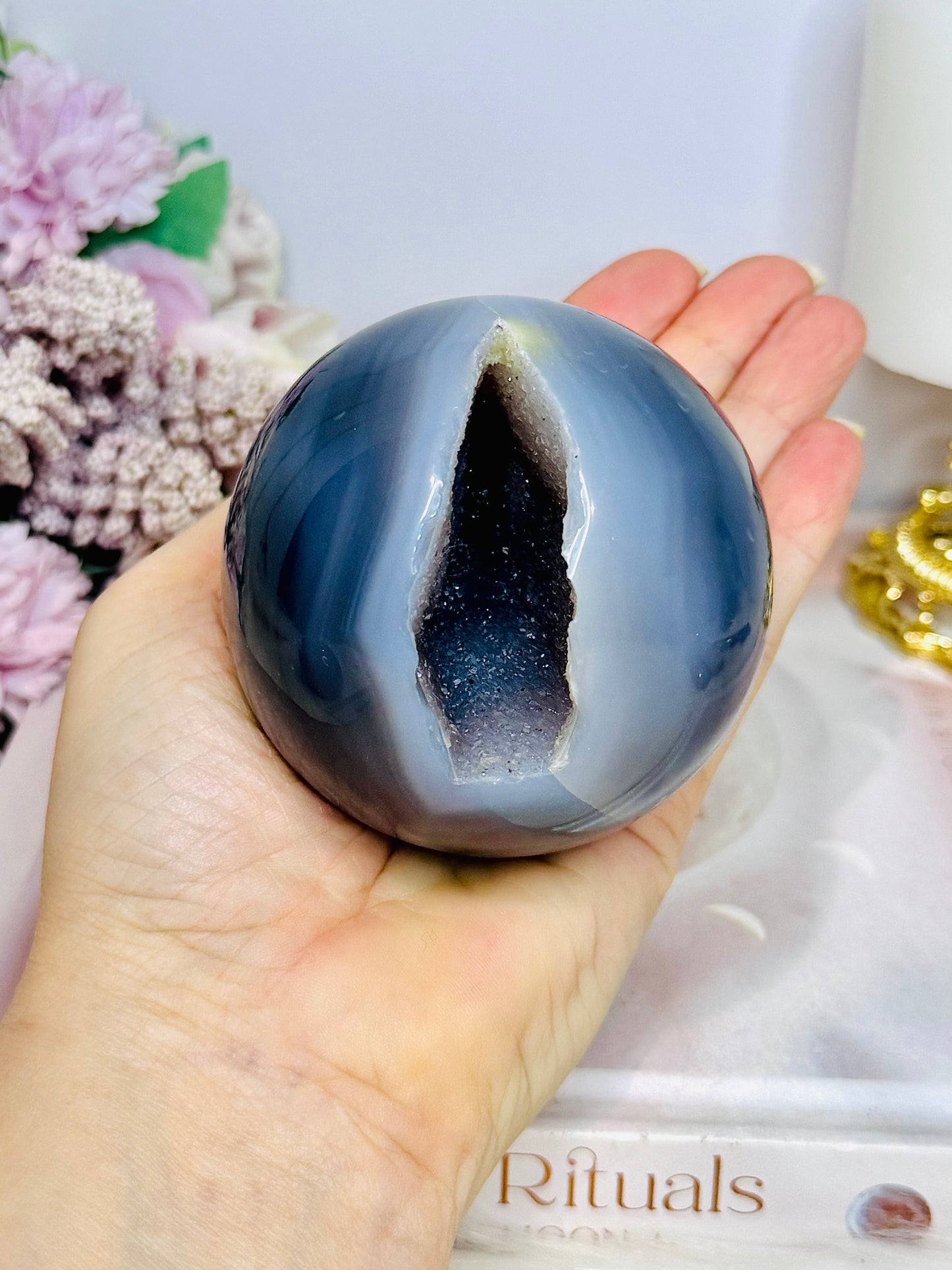 Large 536gram Blue Druzy Agate Sphere on Stand From Brazil