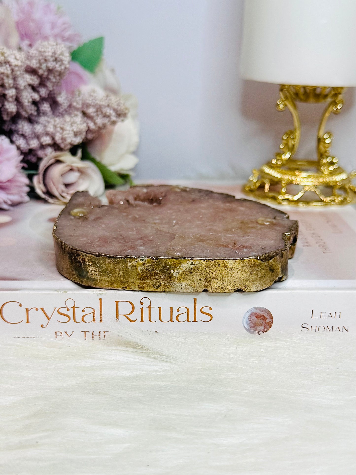 Large Pink Amethyst Druzy Chunky Coaster with Gold Plating 285g
