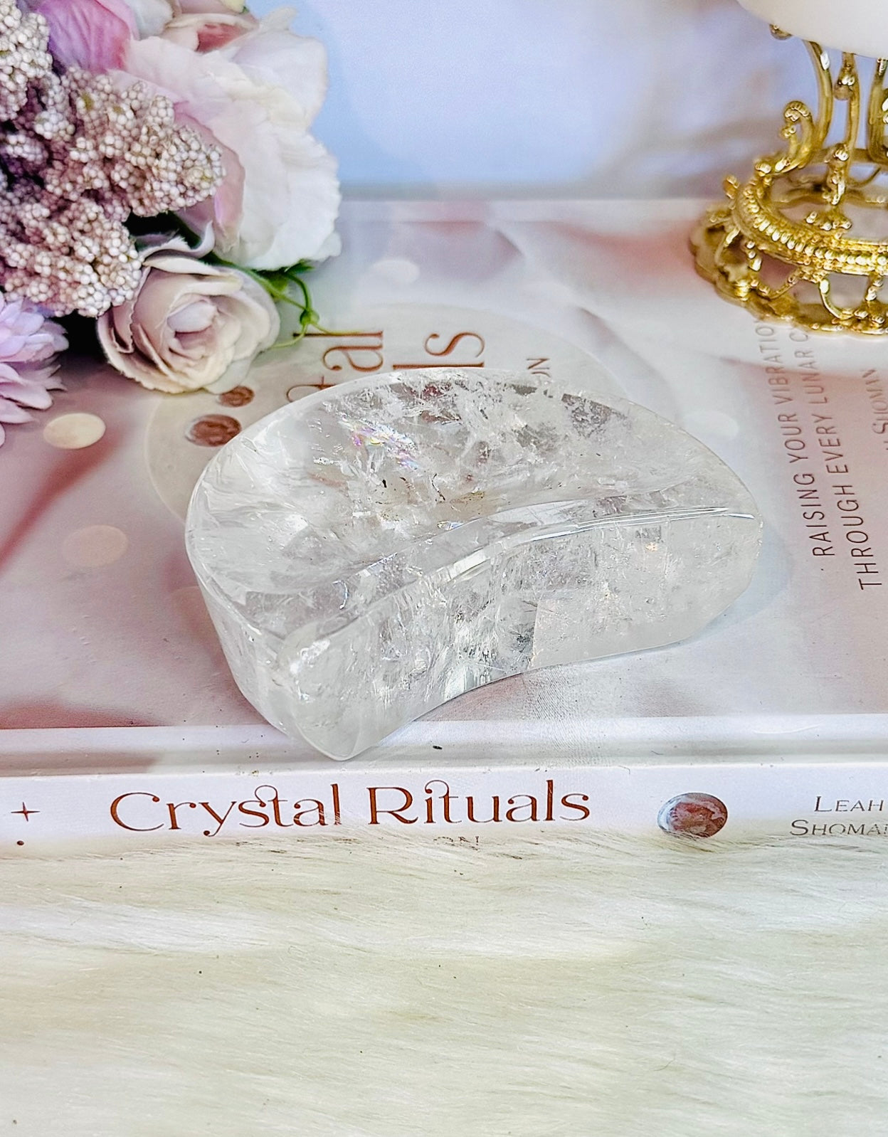 High Grade Clear Quartz Chunky Moon Bowl with Rainbows 9cm