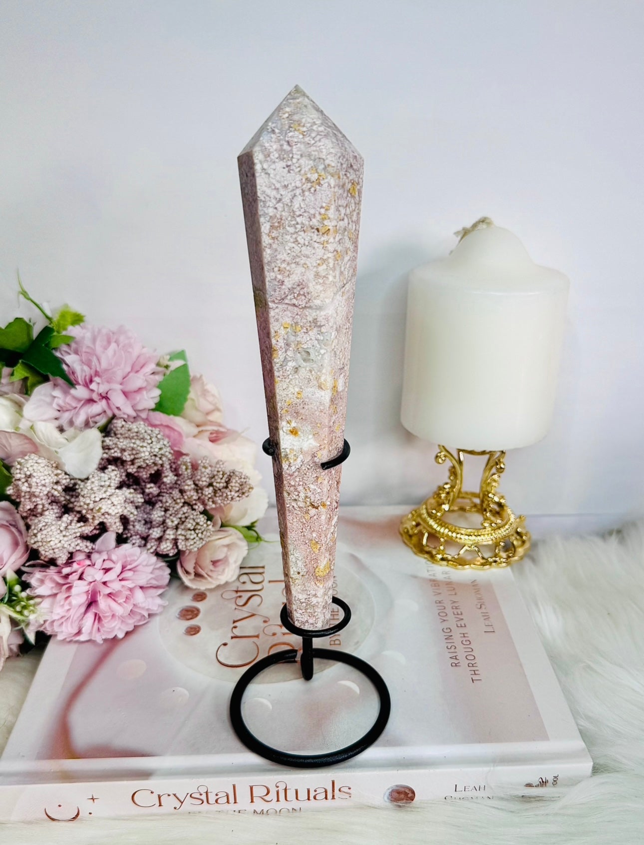 Fabulous Large 18.5cm Druzy Pink Agate Carved Wand on Stand