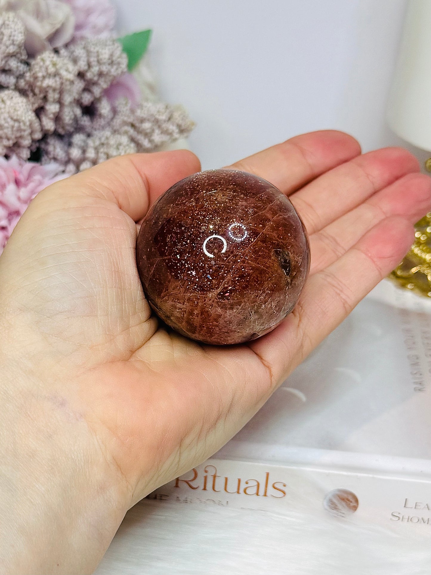 High Grade Sparkling Gold Sunstone X Moonstone Sphere on Stand 161g
