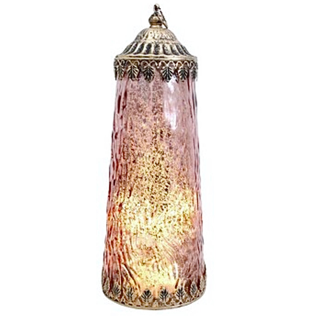 Glass Large Lantern Led Tower Pink Punch 27cm