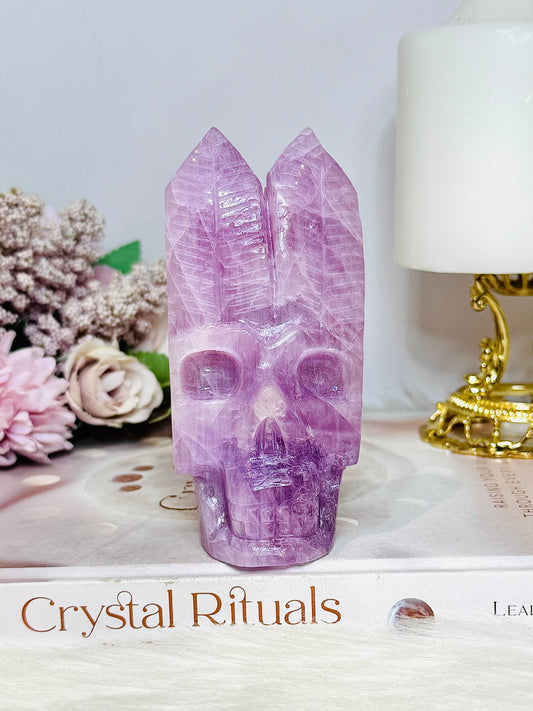 High Grade Kunzite Carved Indian Skull 11cm 242g
