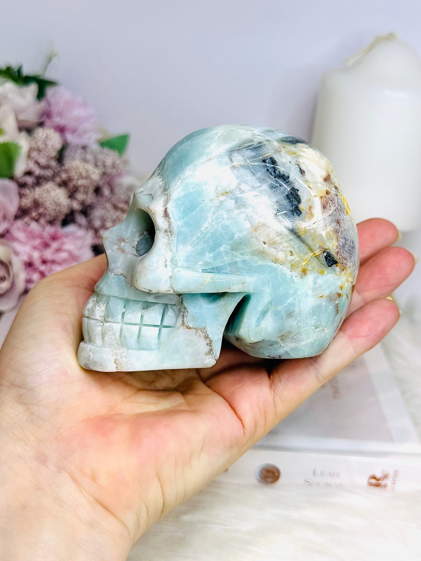 Caribbean Calcite Carved Large Skull 9cm 674g