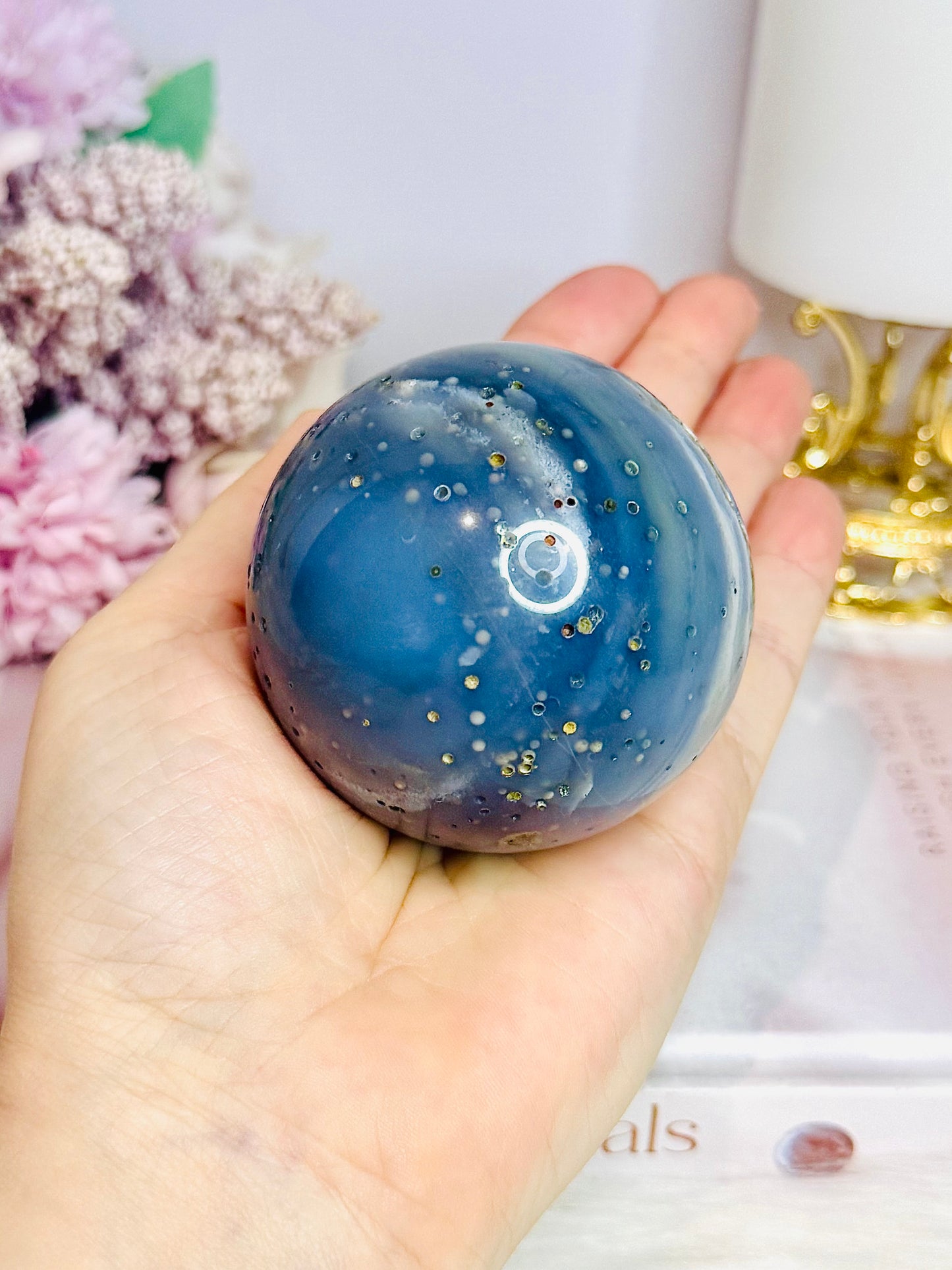 Blue Druzy Agate Sphere On Stand 308g