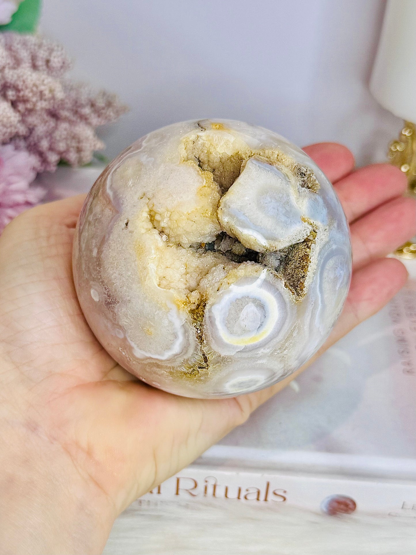 Large Flower Agate Druzy Sphere 646g On Stand