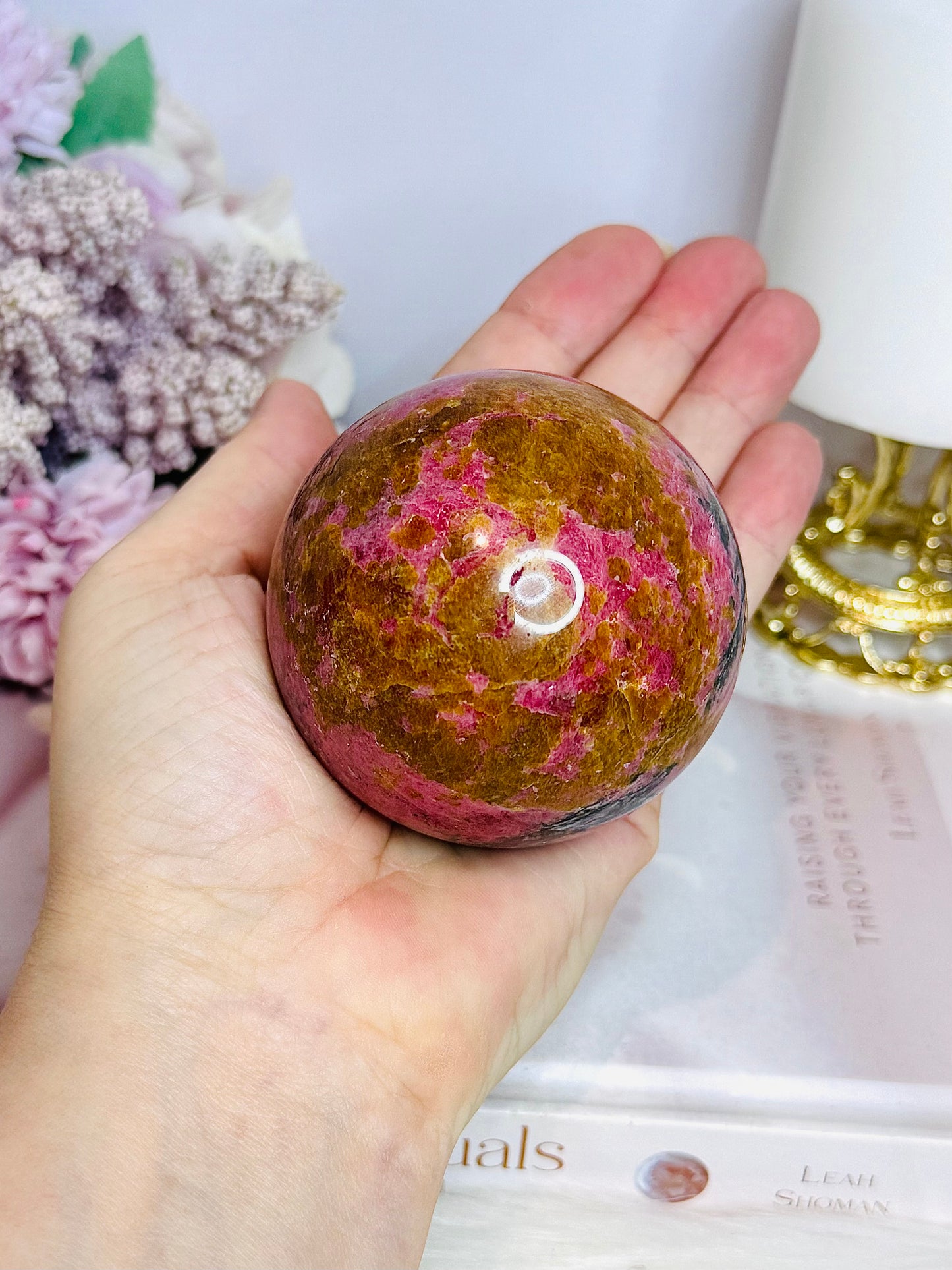 Large Rhodonite Sphere 551g On Stand