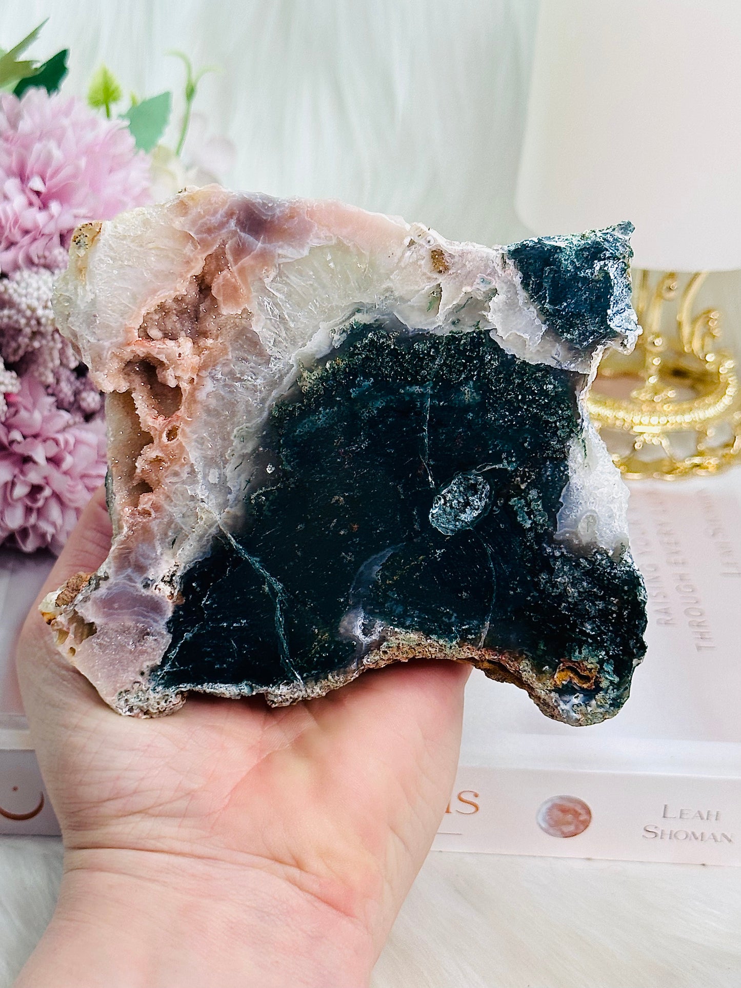 Stunning Chunky 384gram Druzy Pink Amethyst Slab with Jasper Green Inclusions