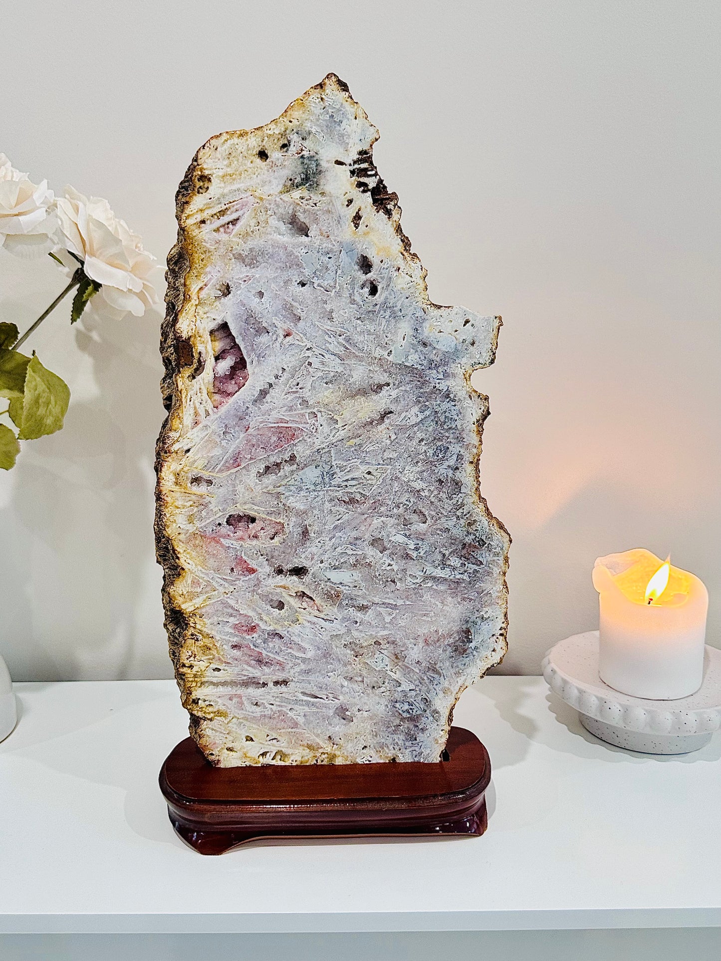 Classy & Fabulous ~ The Most Stunning Huge 46cm 4.5KG Druzy Pink Amethyst Slab | Platter Full of Crystallisation & Rutile Formation Absolutely Stunning (Timber stand is removable)