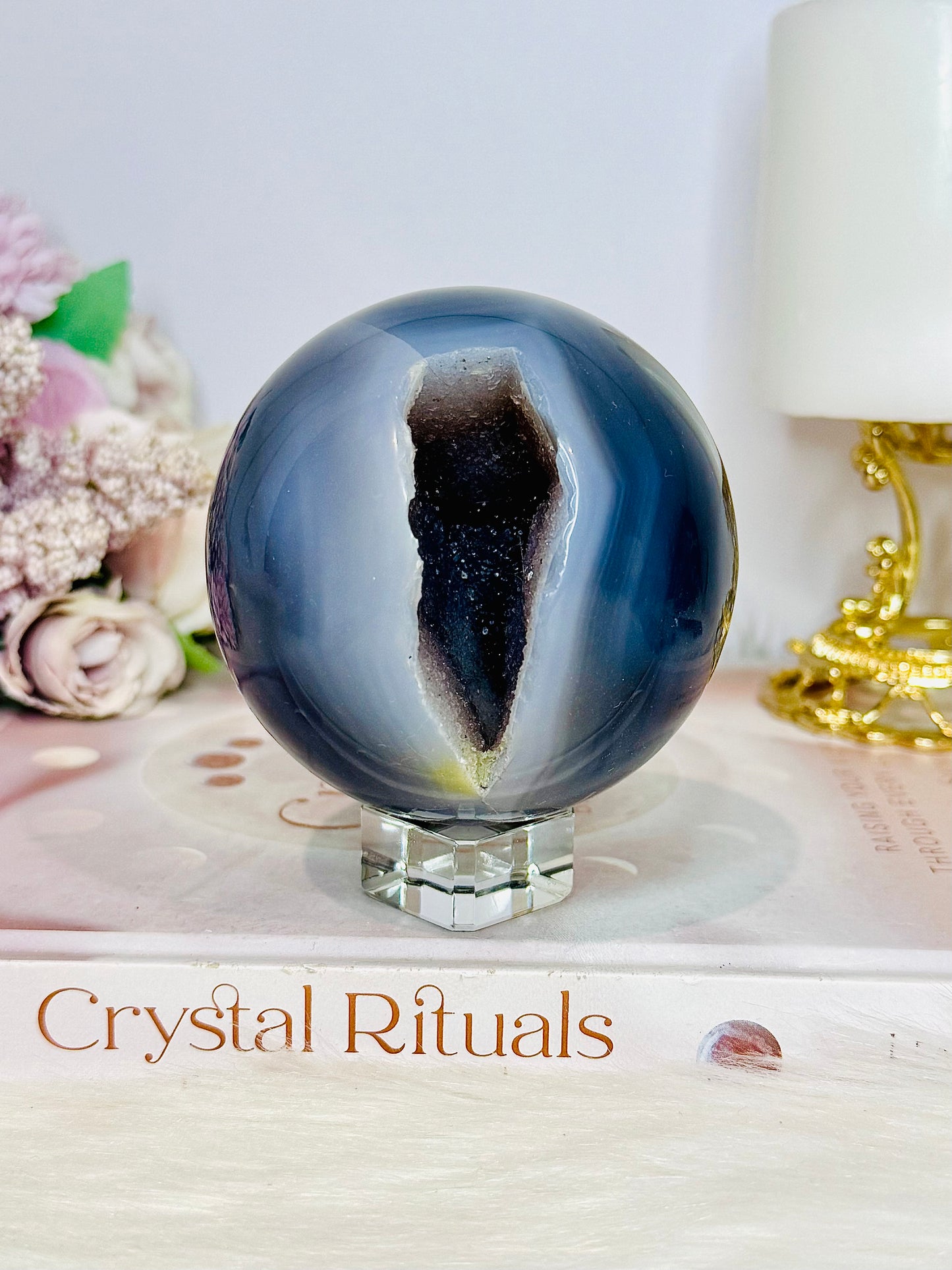 Large 536gram Blue Druzy Agate Sphere on Stand From Brazil
