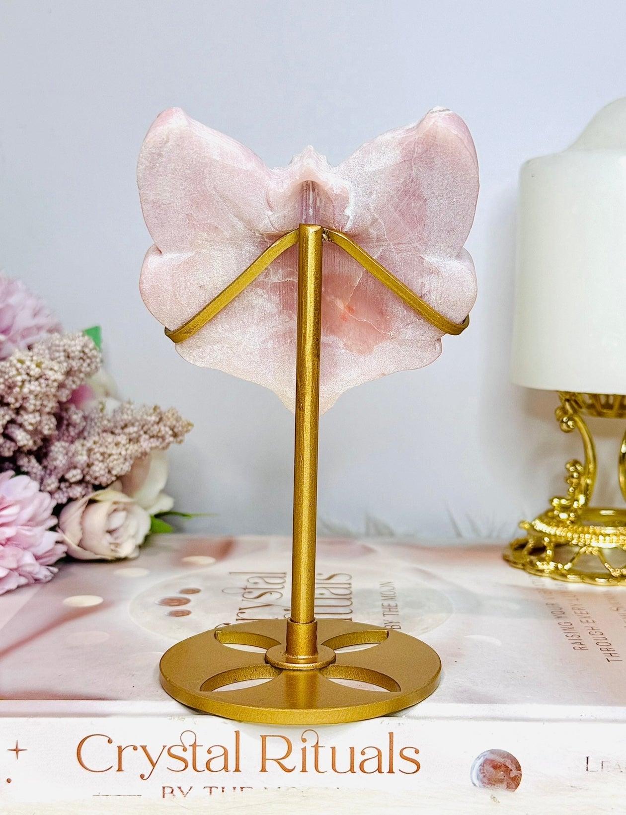 Pink Opal Carved Fox Head On Gold Stand 14.5cm