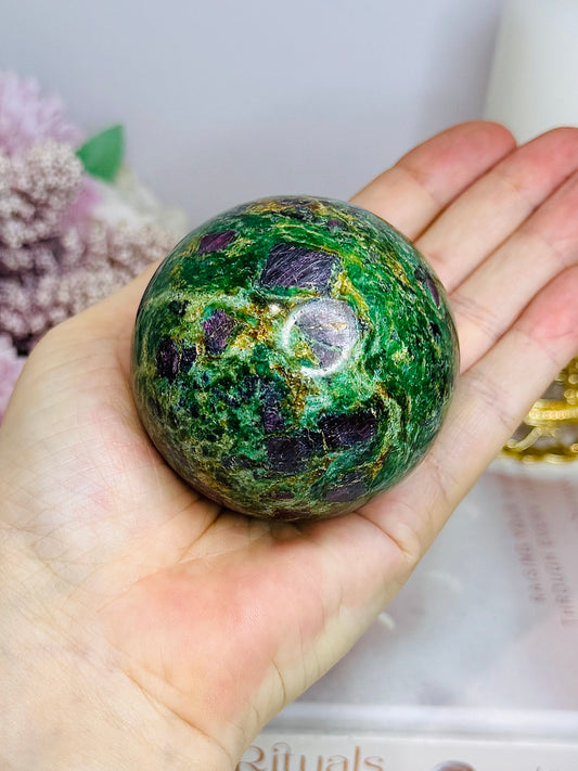 Large Ruby In Fuchsite Sphere UV Reactive On Stand 389g Full of Ruby
