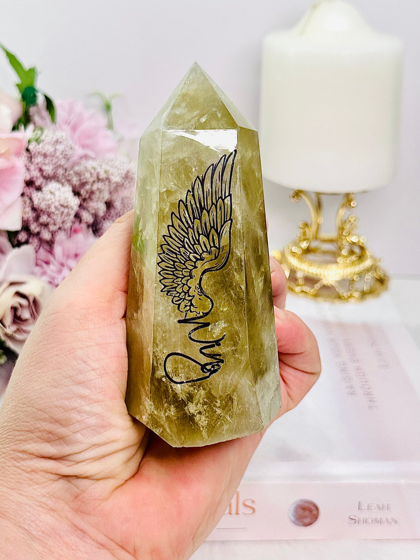 Amazing Smokey Citrine ‘Wing’ Print Tower with Rainbows 359grams