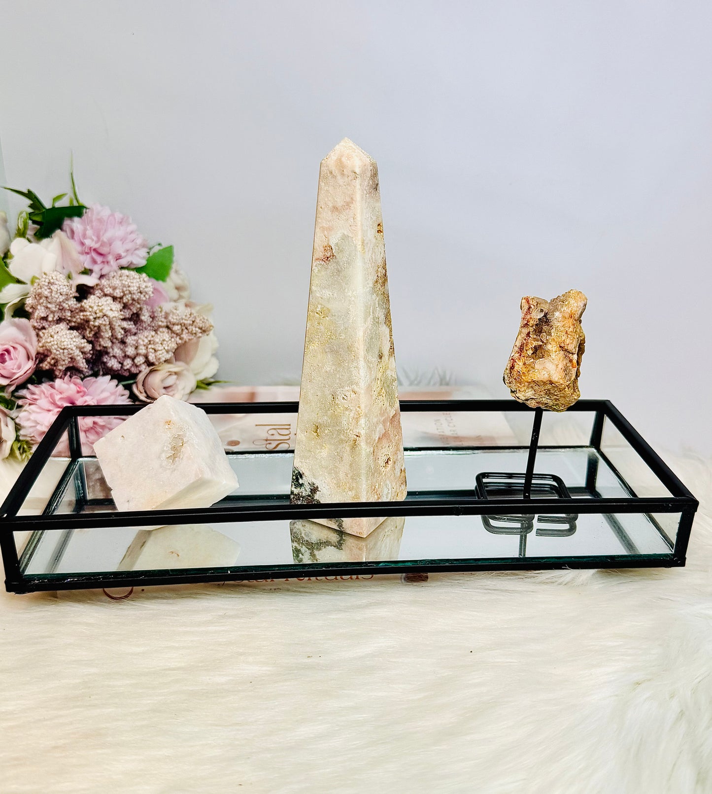 Pink Amethyst Gift Set ~ Black Mirror Tray 26cm, Large Pink Amethyst Obelisk Tower, Pink Amethyst Geode on Stand & Pink Amethyst Druzy Cube