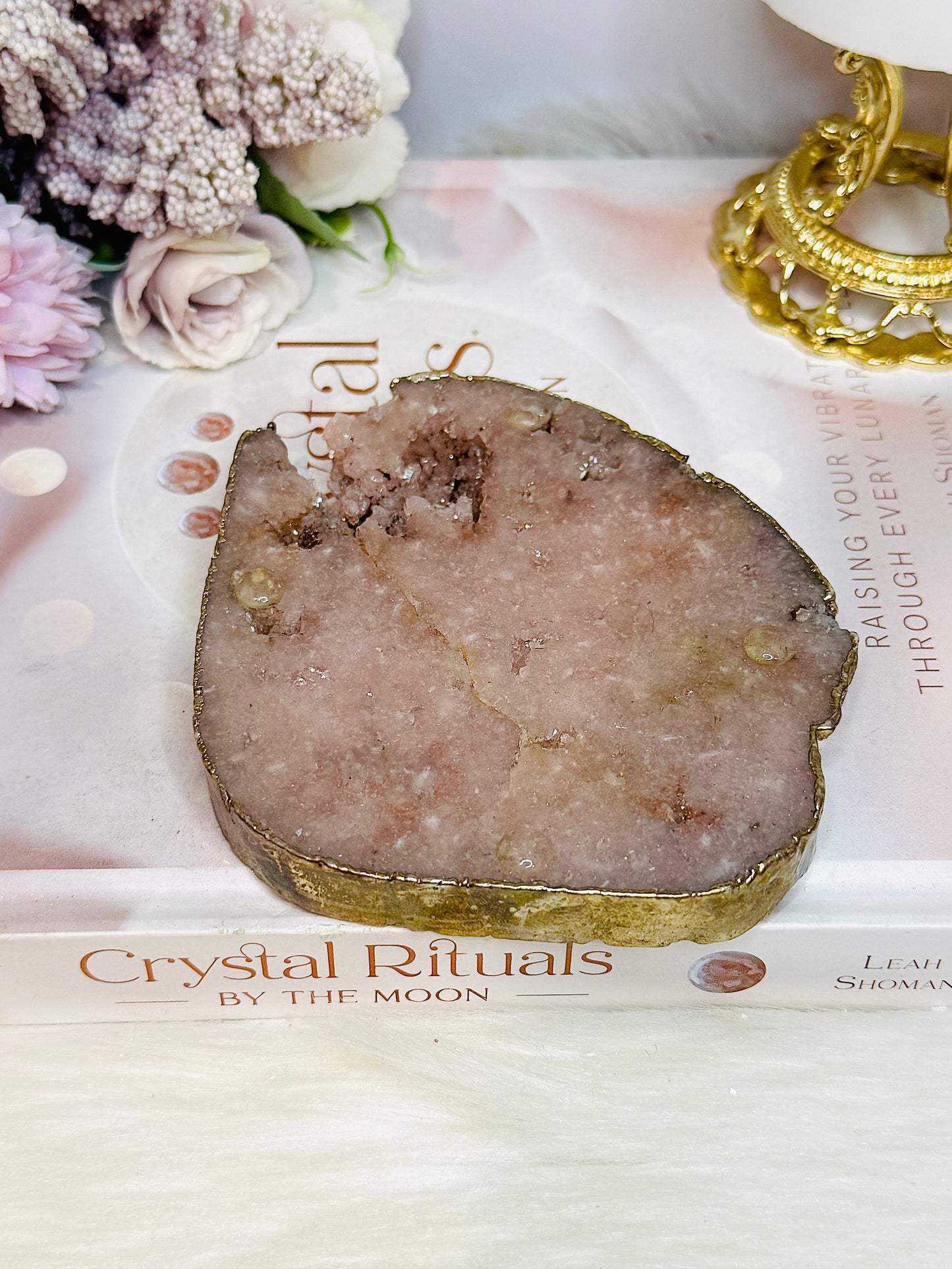 Large Pink Amethyst Druzy Chunky Coaster with Gold Plating 285g