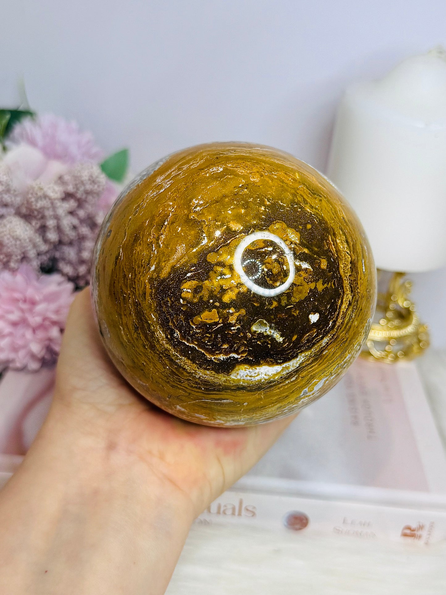 Large Ocean Jasper Orbicular Druzy Sphere On Stand 1.2KG