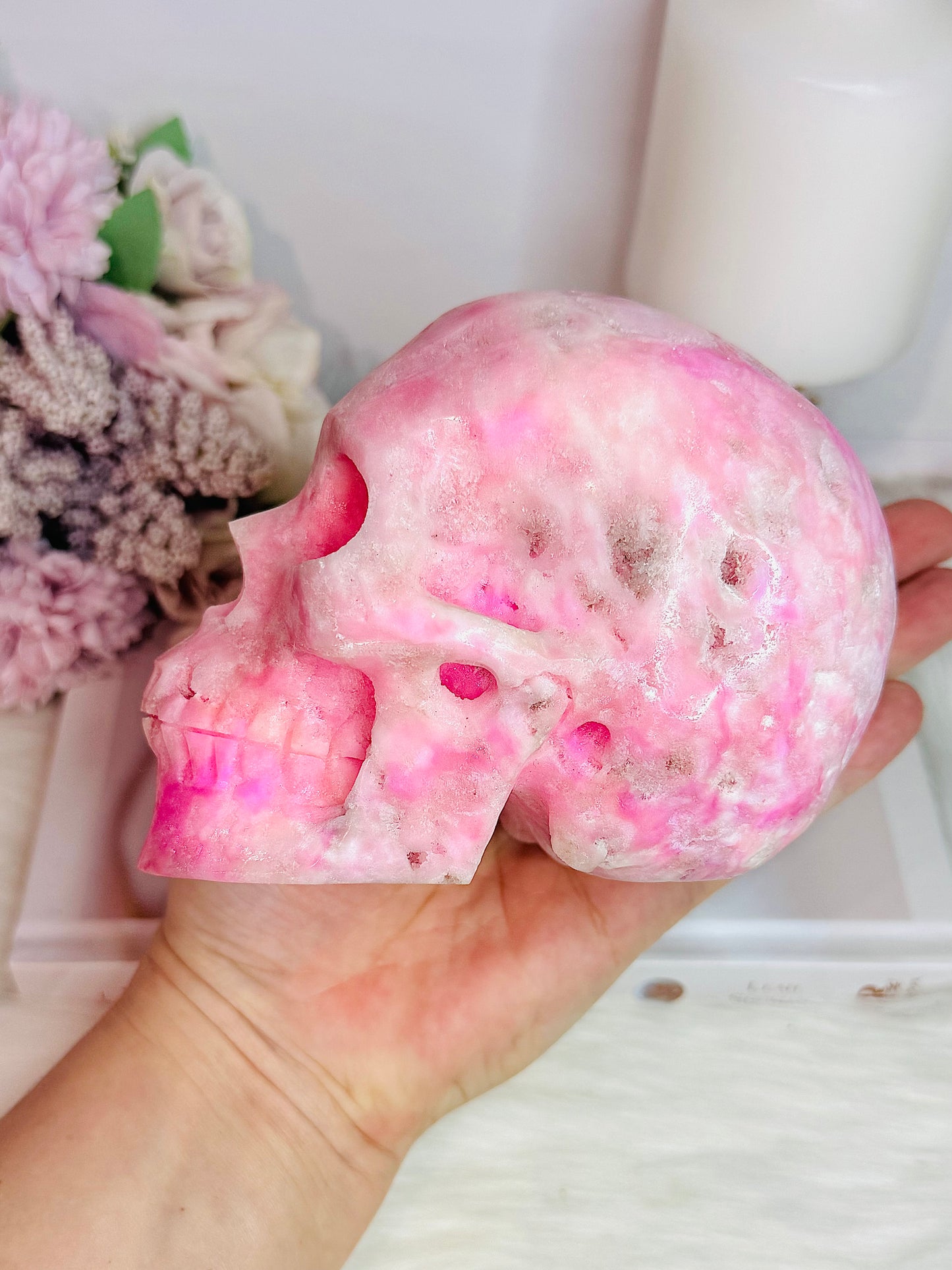 MASTERPIECE!! Absolutely Incredible Huge Natural Pink Oragonite Carved Skull 1.06KG 13cm