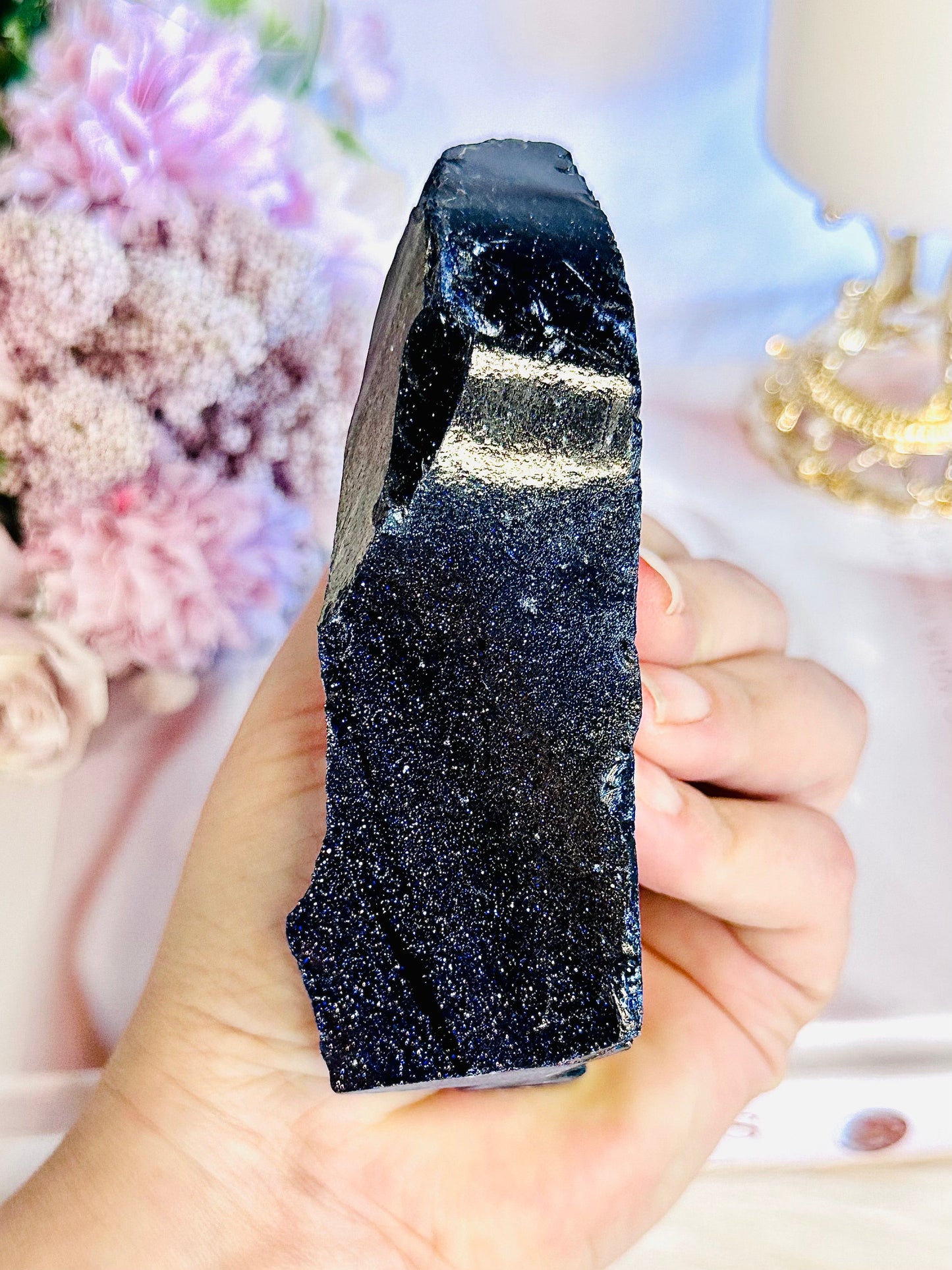 Chunky 12cm Sparkling Blue Goldstone Synthetic Crystal