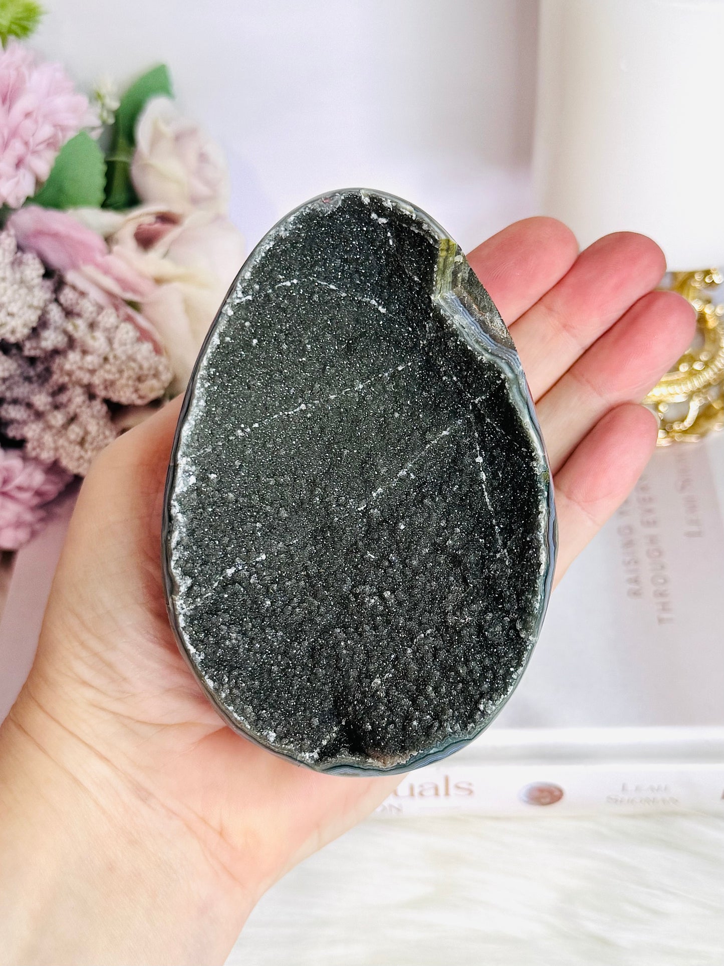 Large Black Amethyst Carved Egg On Stand 534g