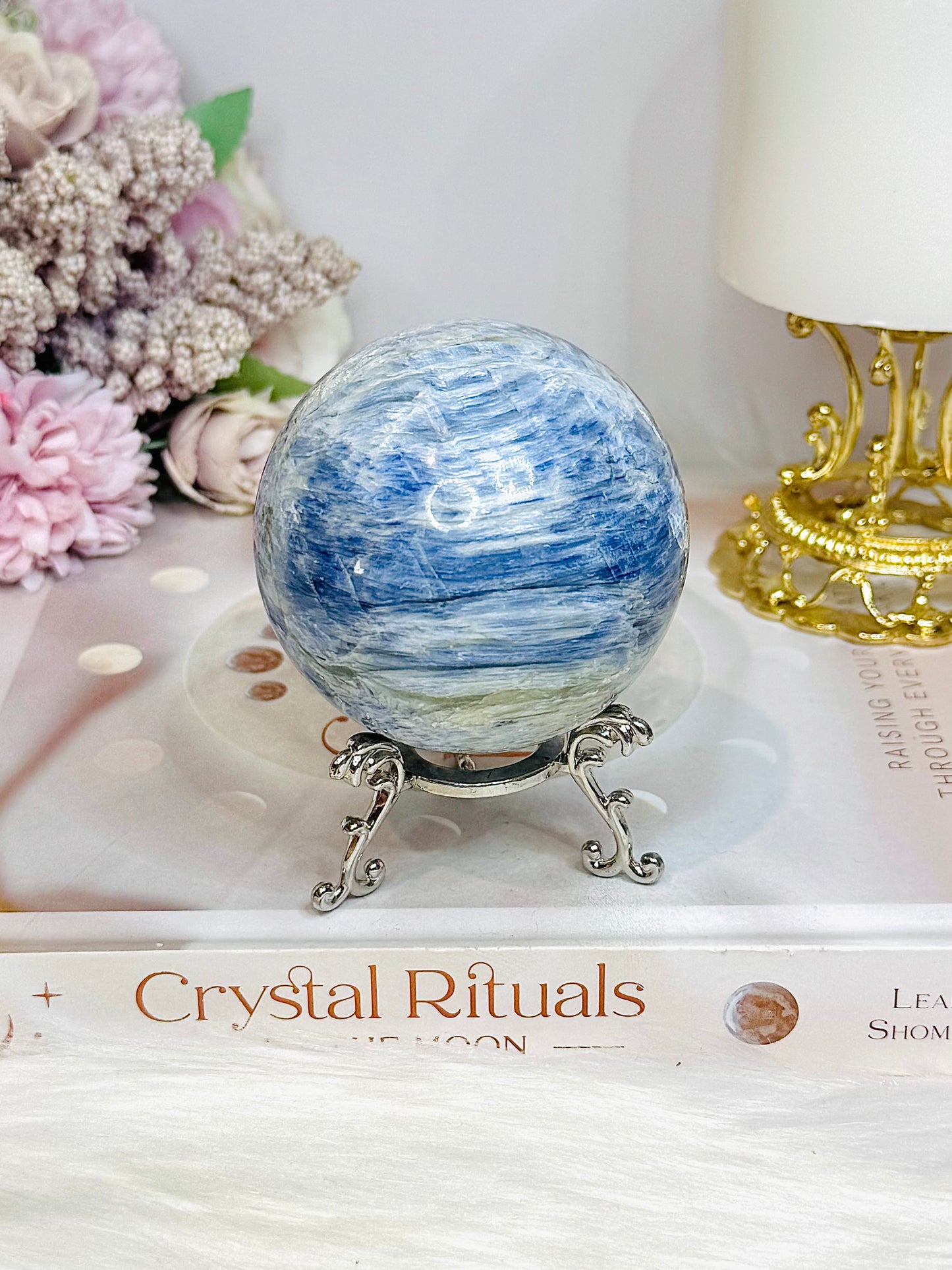Blue Kyanite Sphere on Stand 485g On Stand