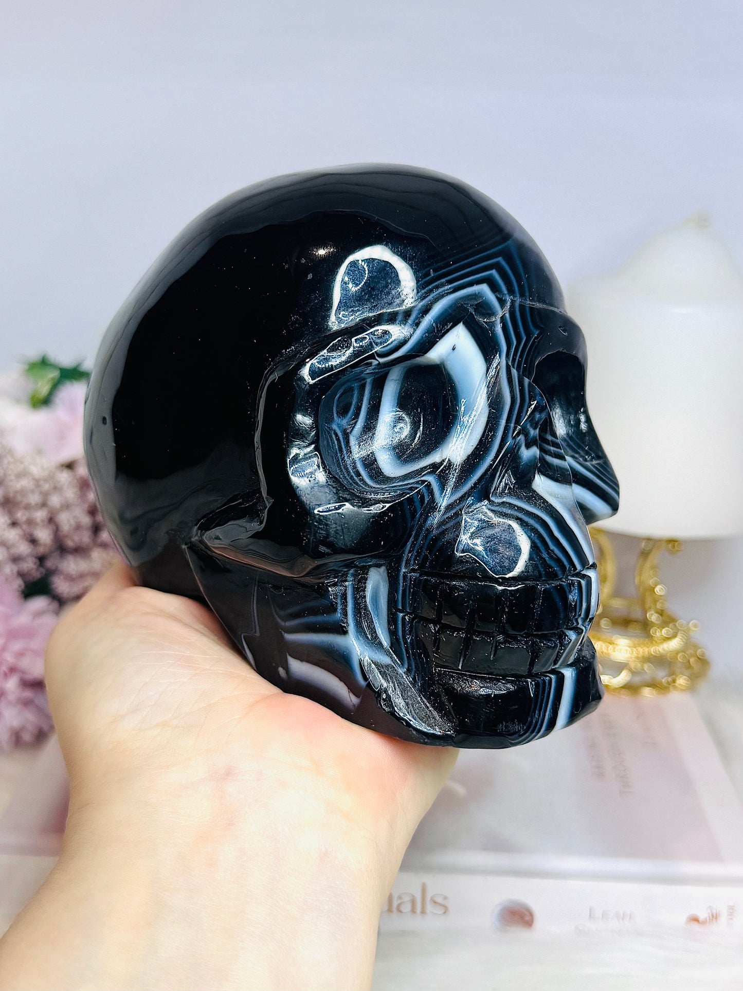 Huge Black Striped Agate Carved Skull 1.85KG 13cm