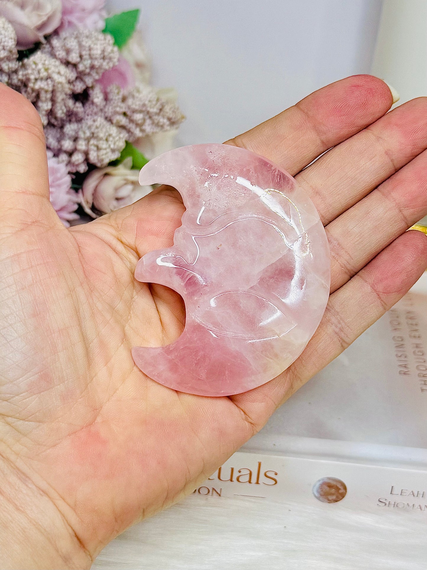 Rose Quartz Carved Moon 7cm