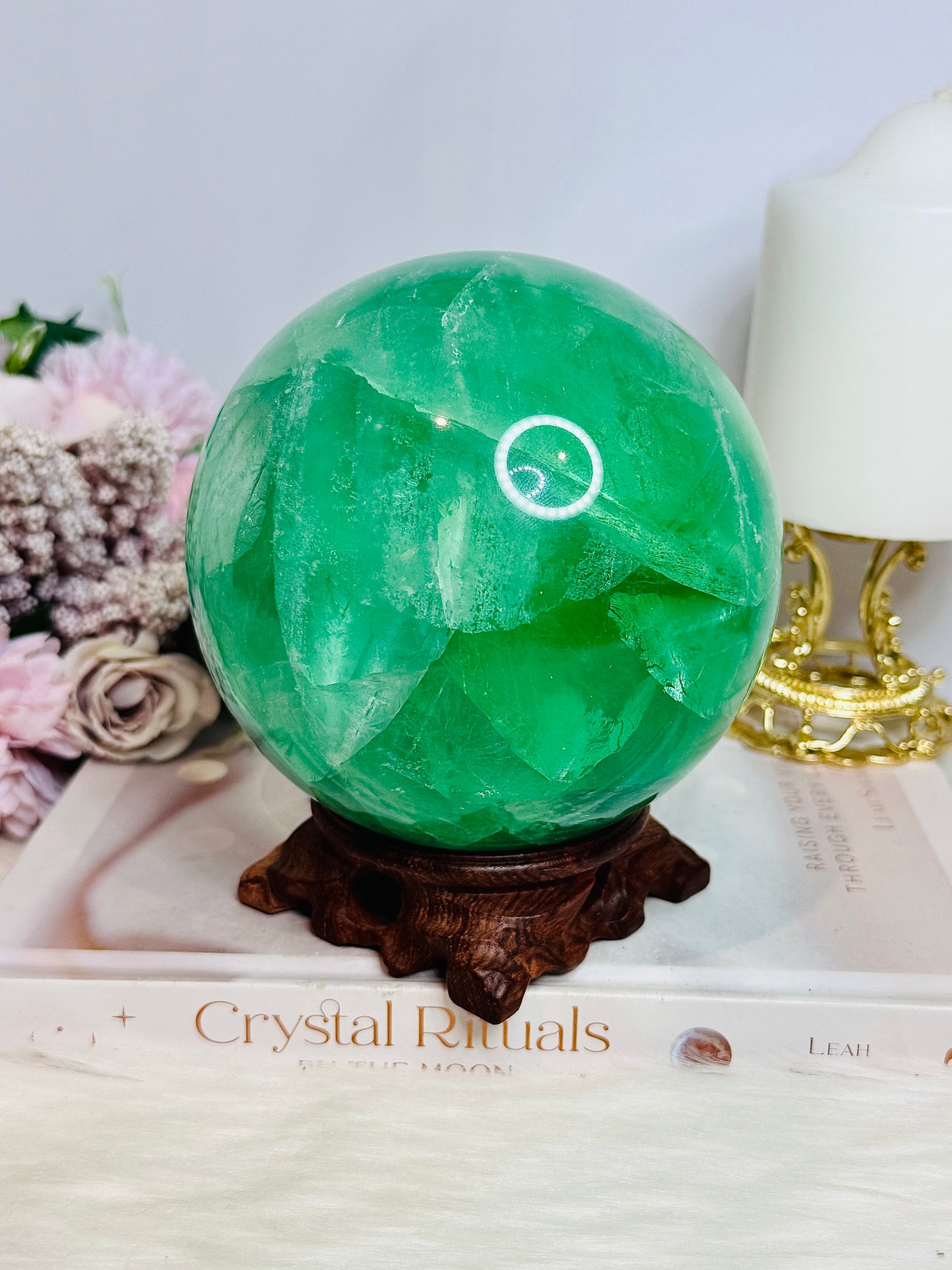 Huge High Grade Green Fluorite Sphere with Rainbows on Stand 2.4KG
